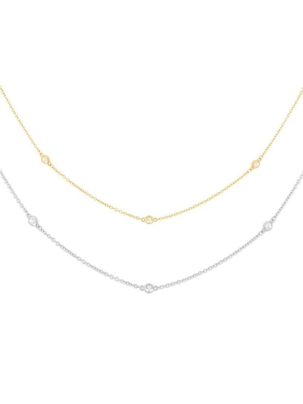 18k GP 925 sterling silver 3 stone bezel station Necklace